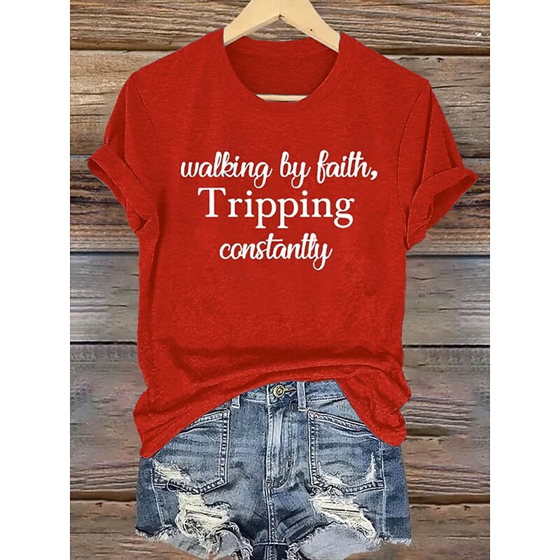 Women's Walking By Faith Tripping Constantly Print T Shirt Graphic Vintage Stylish Classic Short Sleeve Crew Neck Round Neck Regular Tops Daily Print Black White Pink Red Blue Summer Spring