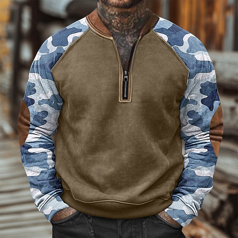 Men's Sweatshirt Quarter Zip Sweatshirt Red Navy Blue Blue Brown Green Half Zip Color Block Camo / Camouflage Half Zip Print Casual Daily Holiday Polyester Vintage Streetwear Casual Fall Winter3