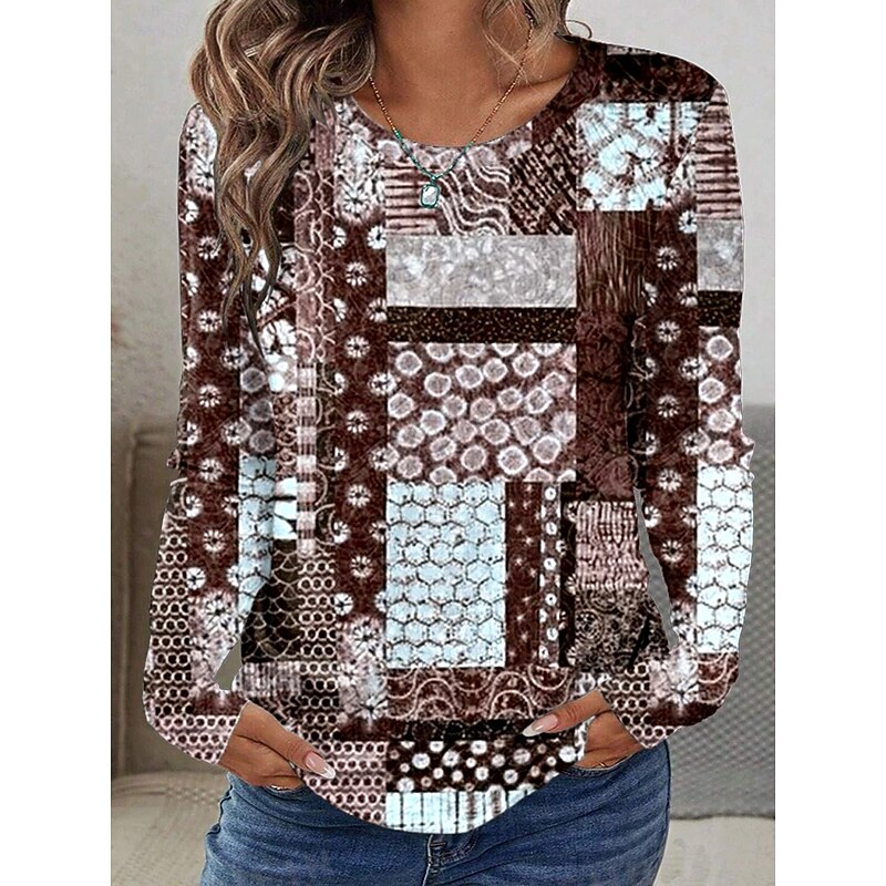 Women's T shirt Crew Neck Long Sleeve Tunic Graphic Geometric Paisley Vintage Stylish Classic  Round Neck Regular Tops Daily Print Royal Blue Brown Green Fall3