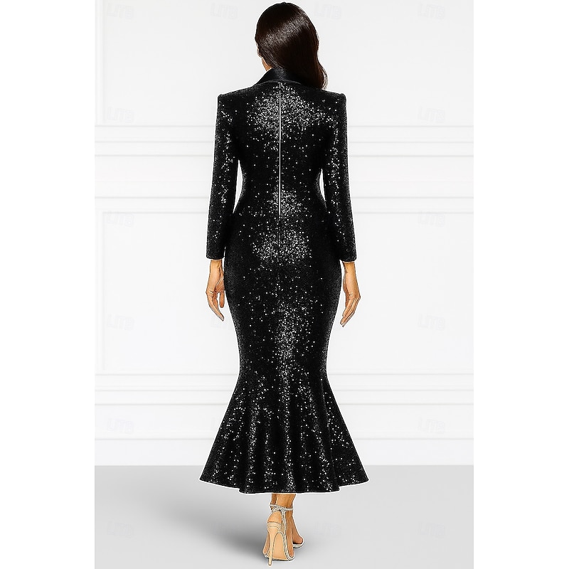 Tuxedo Dress Mermaid / Trumpet Formal Wedding Wedding Guest Sequin Elegant Glittering Long Sleeve Ankle Length Shirt Collar Notched Lapels2
