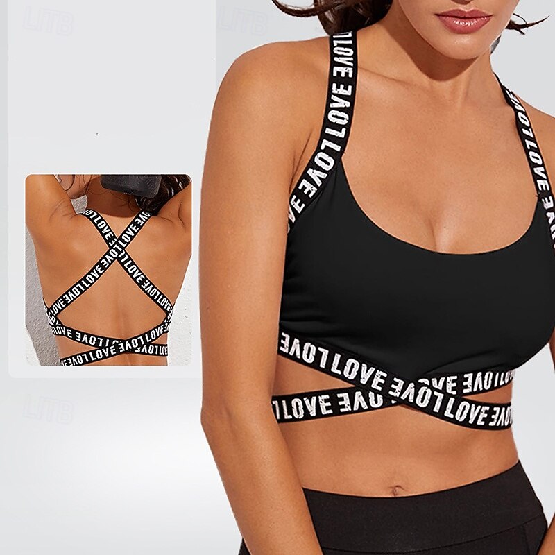 Women's Yoga Bra Sports Bra Underwear Support Breathable Wireless Criss Cross Back Cami Letter Sport Activewear Black White Gym Volleyball Running