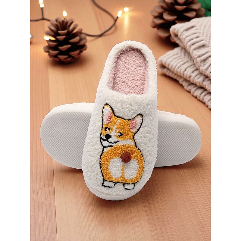 Women's Cozy Indoor Slippers with Corgi Embroidery – Cute Warm House Shoes for Winter and Lounging2