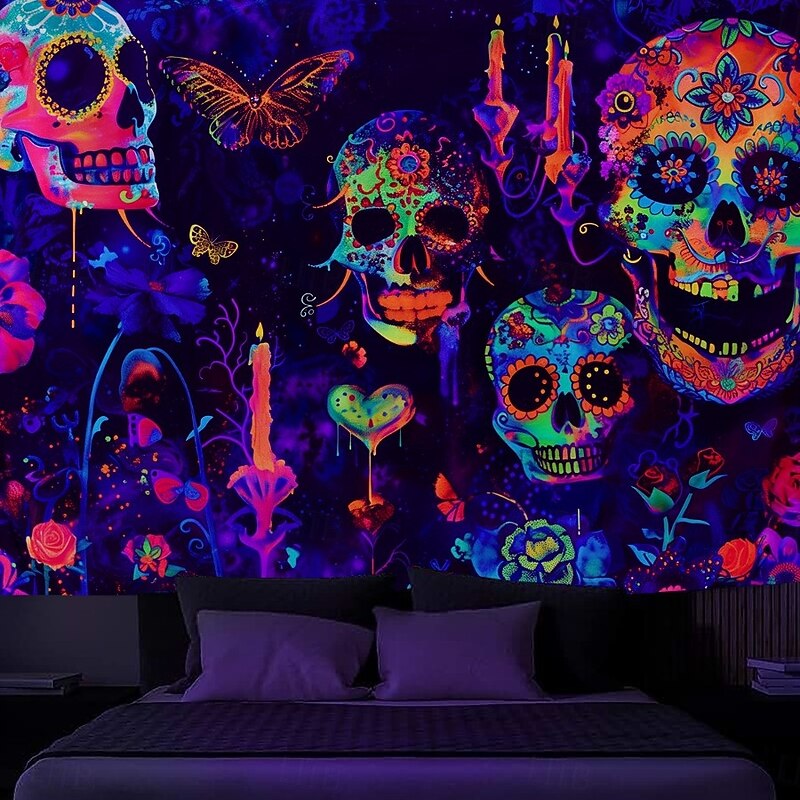 Halloween Blacklight Wall Tapestry – UV Reactive Día de los Muertos Sugar Skulls, Neon Colors Mexican Day of the Dead Theme, Glow in the Dark Wall Hanging for 2025 Halloween Decoration