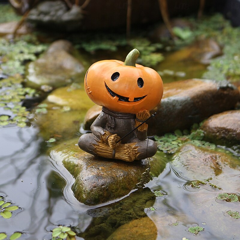 Halloween Resin Pumpkin Scarecrow Fishing Figurine, Miniature Landscape Outdoor Yard Planter Balcony Decoration, Spooky Halloween Garden Ornament4