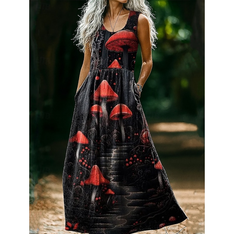 Women's  Vintage Round Neck Bohemian Ethnic Mushroom Dress Slip Dress Pleated Casual Boho Party Going out Beach Regular Fit Floral Graphic Abstract Sleeveless4