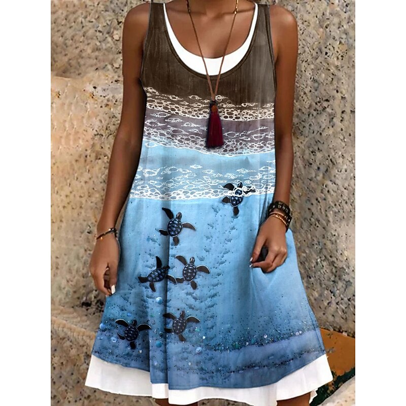 Women's Mini Dress Sundress A Line Dress Off The Shoulder Dress Vacation Casual Boho Daily Regular Fit Graphic Animal Sleeveless Crew Neck Blue Purple Brown Green Summer Spring Fall2