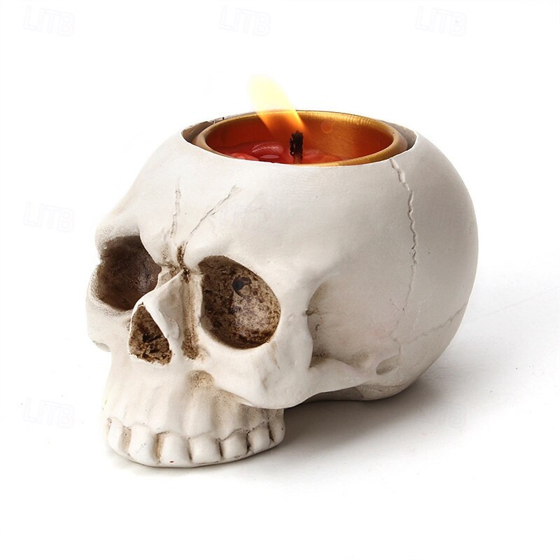 Halloween Resin Figurine 3D Skull Candle Holder Spooky Atmosphere Decor Resin Skeleton Head Ornament for Halloween Party Tabletop Display Gothic Candlelight Stand Accessory2