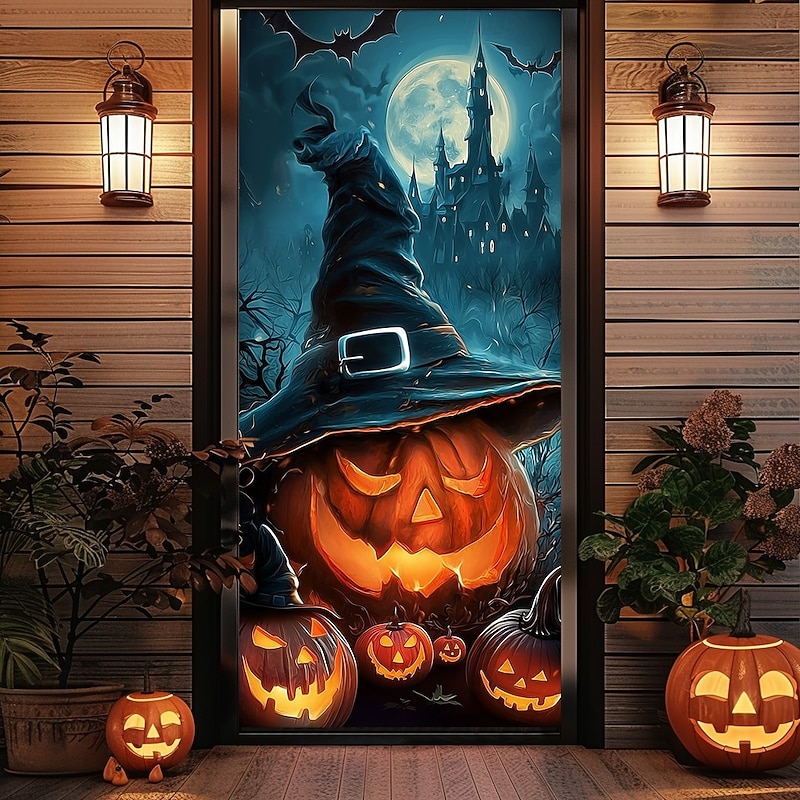 Halloween Door Cover – Stacked Pumpkins with Witch Hat and "Happy Halloween" Sign, Haunted House Entrance Banner, Outdoor 2025 Halloween Decoration for Bedroom, Living Room, Bathroom4