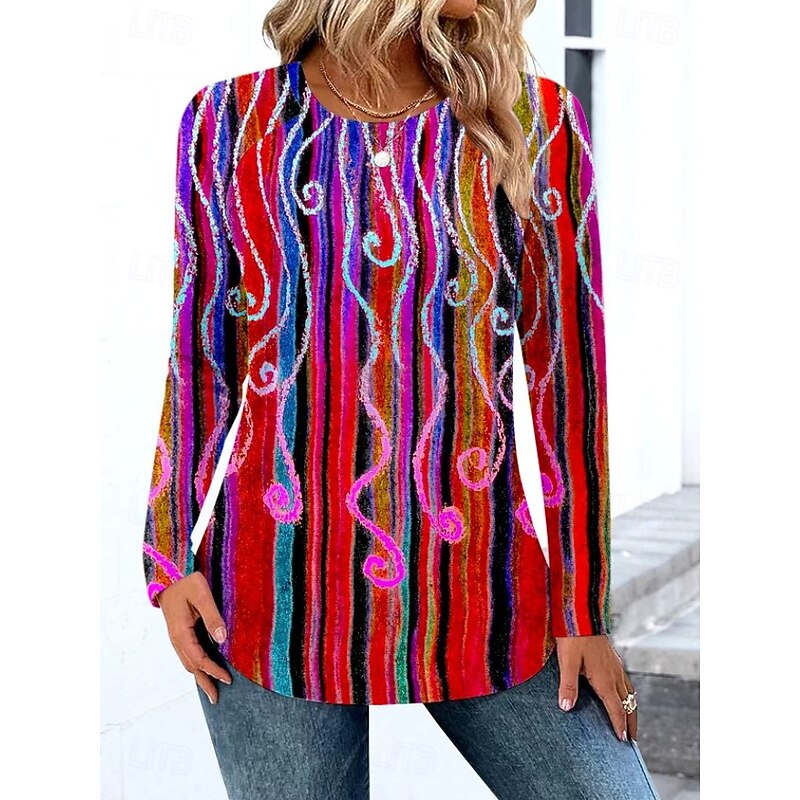 Women's T shirt Long Sleeve Crew Neck Long Sleeve Tunic Ombre Graphic Striped Vintage Stylish Round Neck Regular Tops Daily Print Red Purple Brown Fall Prefall3
