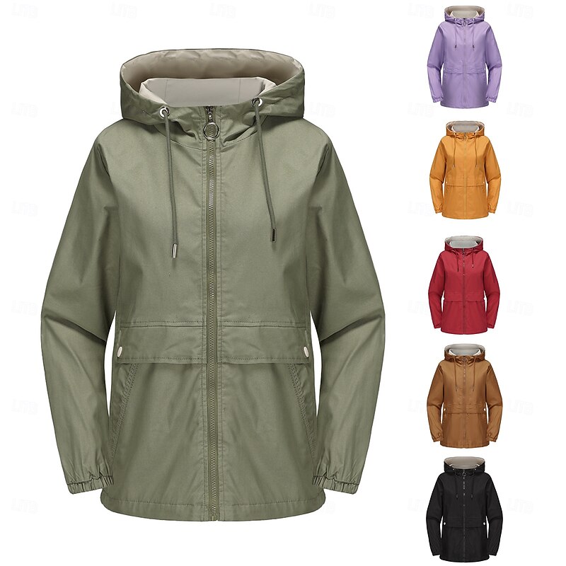 Women's Coat Comfortable Full Zip Fashion Street Style Plain Outdoor Casual Daily Regular Hooded Regular Fit Long Sleeve Outerwear Black Yellow Burgundy Spring Fall