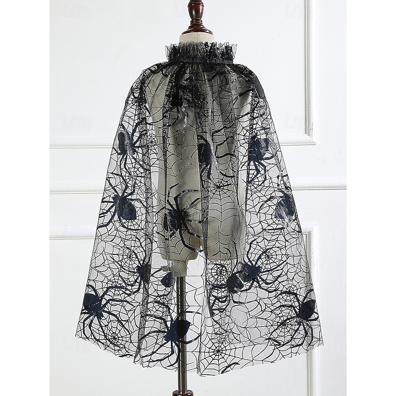 Women's Halloween Spider Web Cape – Sheer Black Mesh Shawl with Ruffled Collar, Lightweight Polyester Cloak for Costume Party, Cosplay and Witch Outfit3