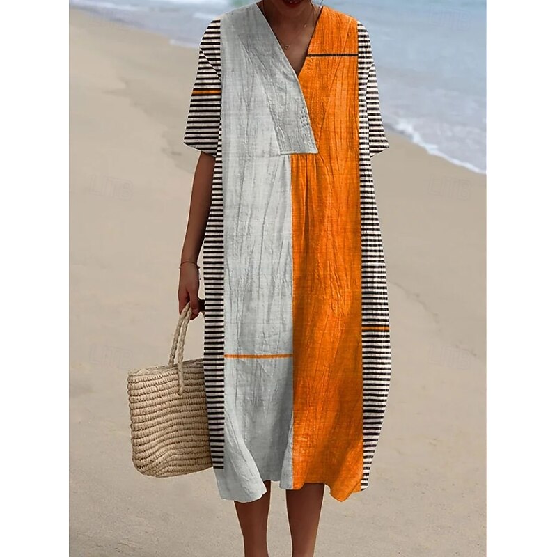 Women's Midi Dress Sundress A Line Dress Vacation Casual Beach Party Going out Beach Loose Fit Graphic Geometric Short Sleeve V Neck Dark Yellow Pink Blue Orange Summer Spring3