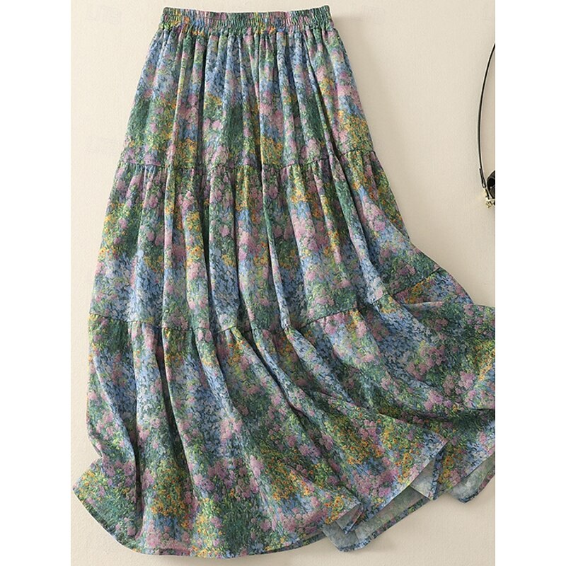 Women's Skirt A Line Fashion Casual Maxi High Waist Skirts Floral Print Stretchy Street Daily Green Summer Polyester3
