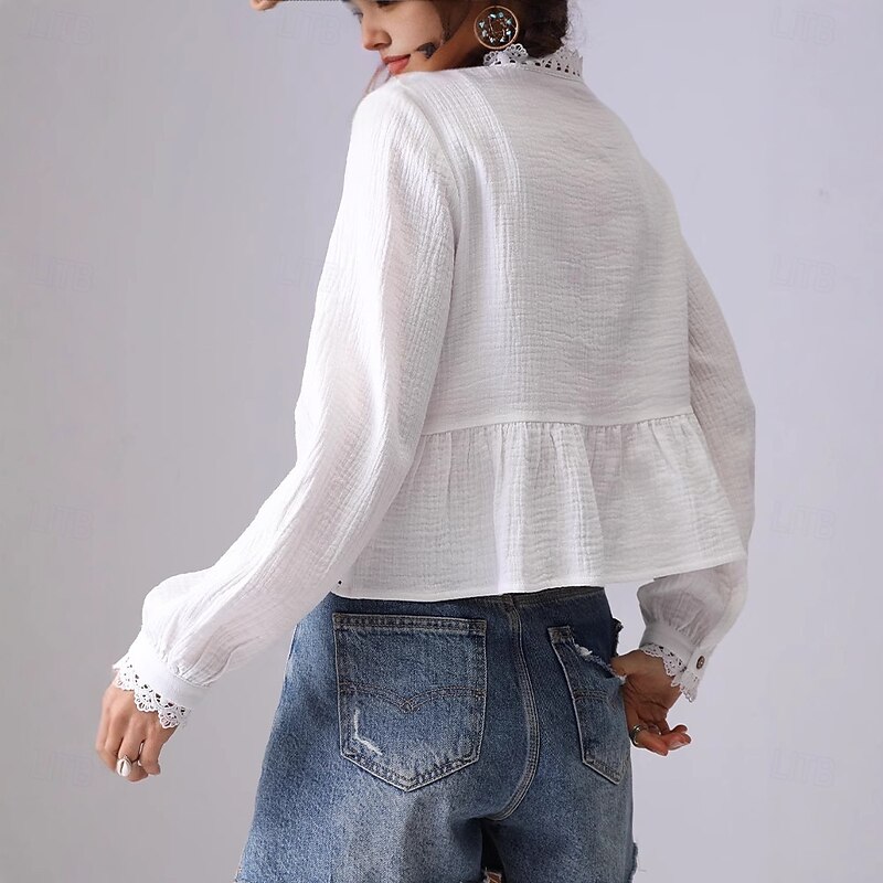 Women's 100% Cotton Shirt Plain Elegant Bohemia Vintage Long Sleeve V Neck Regular Tops Daily Holiday Going out Lace Off-white-WHITE Summer Spring Fall2