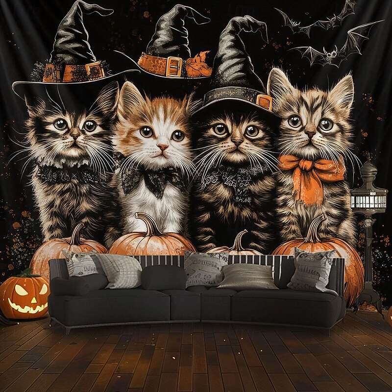 Halloween Hanging Tapestry Witch Cat Photograph Backdrop Jack O Lantern Wall Art Large Tapestry Mural Decor Blanket Curtain Home Bedroom Living Room Decoration Death Selfie