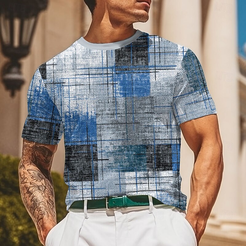 Men's Plaid Line Waffle Shirt Short Sleeve T shirt 3D Print Crew Neck Shirt Fashion Casual Comfortable Street Casual Daily Red Blue Brown Summer Spring All Seasons Clothing Apparel S M L XL XXL XXXL2