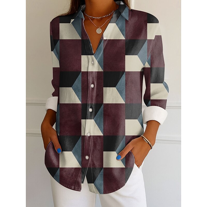Women's Shirt Button Down Tunic Shirt Collar Long Sleeve Graphic Geometric Striped Vintage Tropical Daily Regular Tops Work Daily s Print Blue Purple Orange Brown Spring4