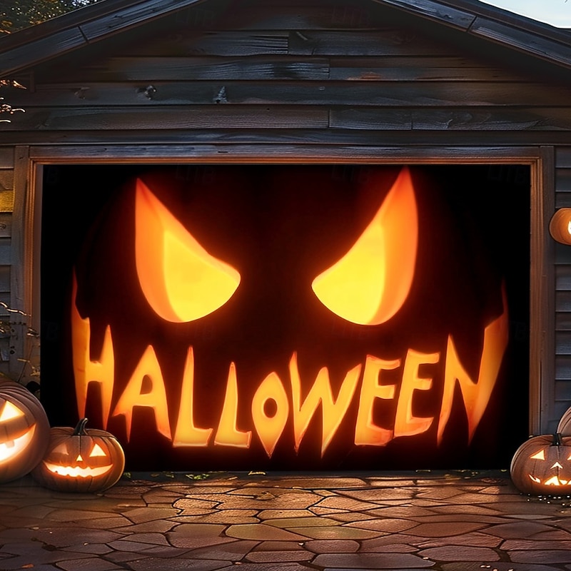 Halloween Garage Door Cover Banner Backdrop – Glowing Jack-o'-Lantern Face with "Halloween" Text, Outdoor Decoration for 2025 Halloween Home Front Yard2