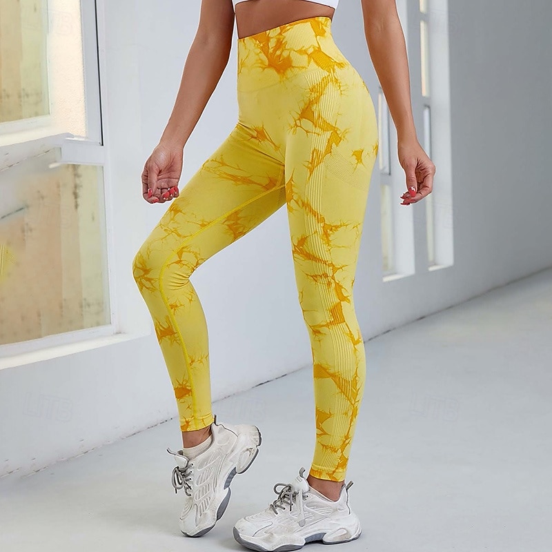 Women's Workout Leggings Yoga Pants Tummy Control High Waist Dance Pilates Running Bottoms Tie Dye Yellow Pink Red Fall Sports Activewear Tight Fit3