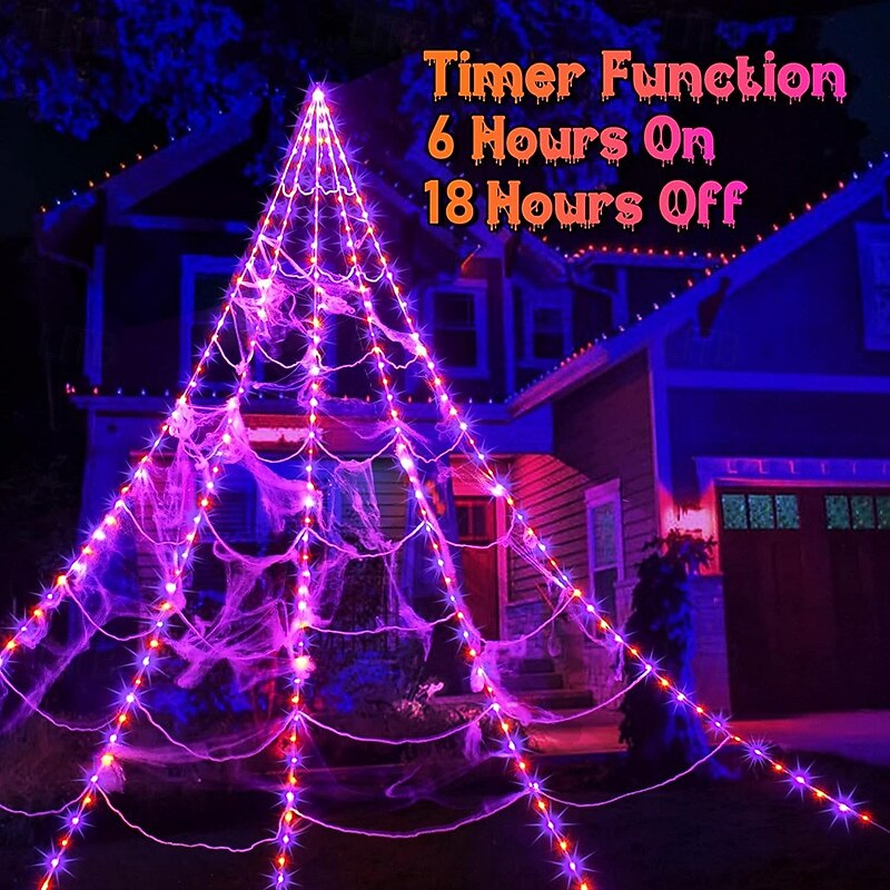 1 Pc Halloween 5M * 4.8M triangular luminous web lamp purple orange AAA waterproof battery box remote control 250 LED beads indoor and outdoor courtyard decoration lights (excluding spiders)4