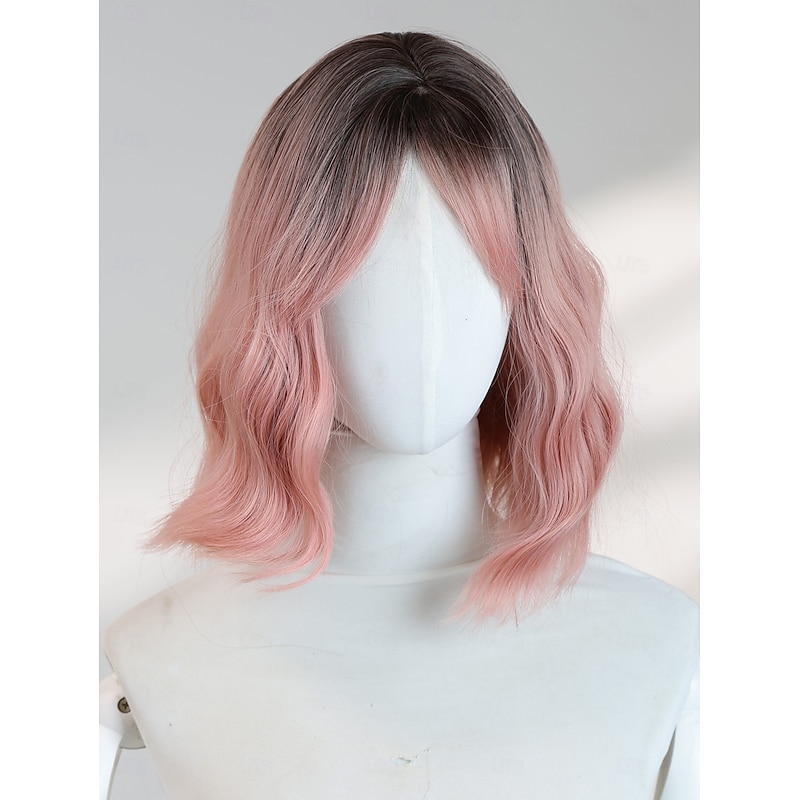 12‑Inch Gradient Pink Wavy Wig for Women – Full Bangs, Short Synthetic Hairpiece, Perfect for Halloween Cosplay & Party Looks2