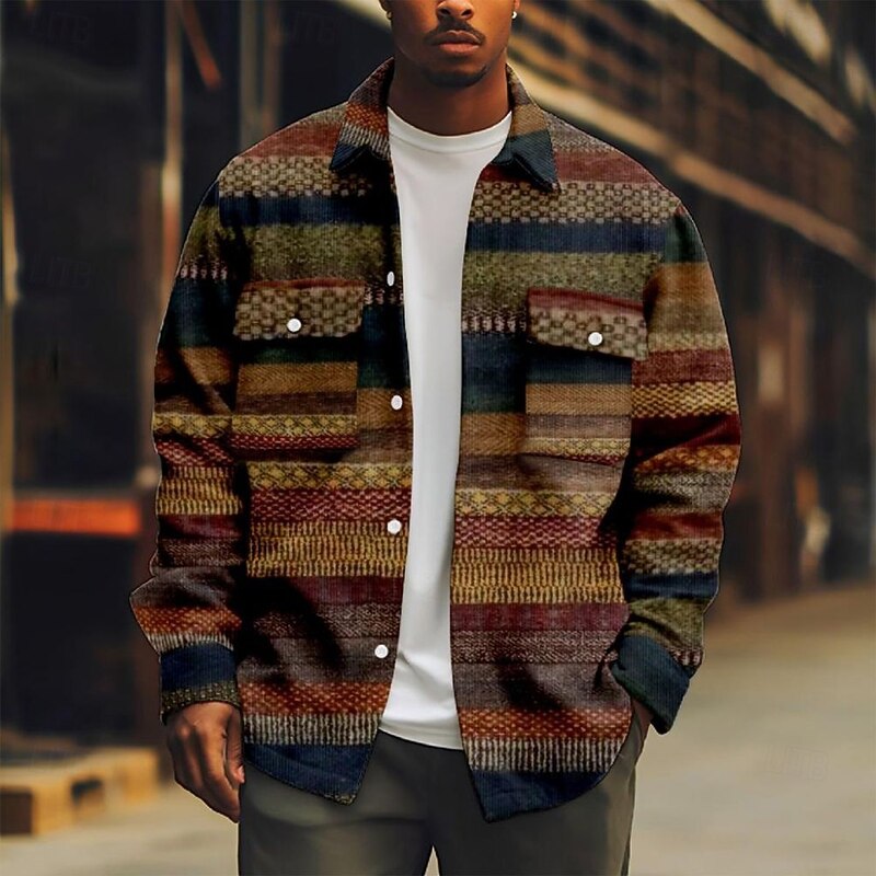 Men's Aztec Ethnic Corduroy Shirt Shacket Shirt Jacket Long Sleeve Vintage Retro Outdoor Dailywear Fall Winter Turndown Button-Down Warm Jacket with Flap Pockets Brown Khaki2