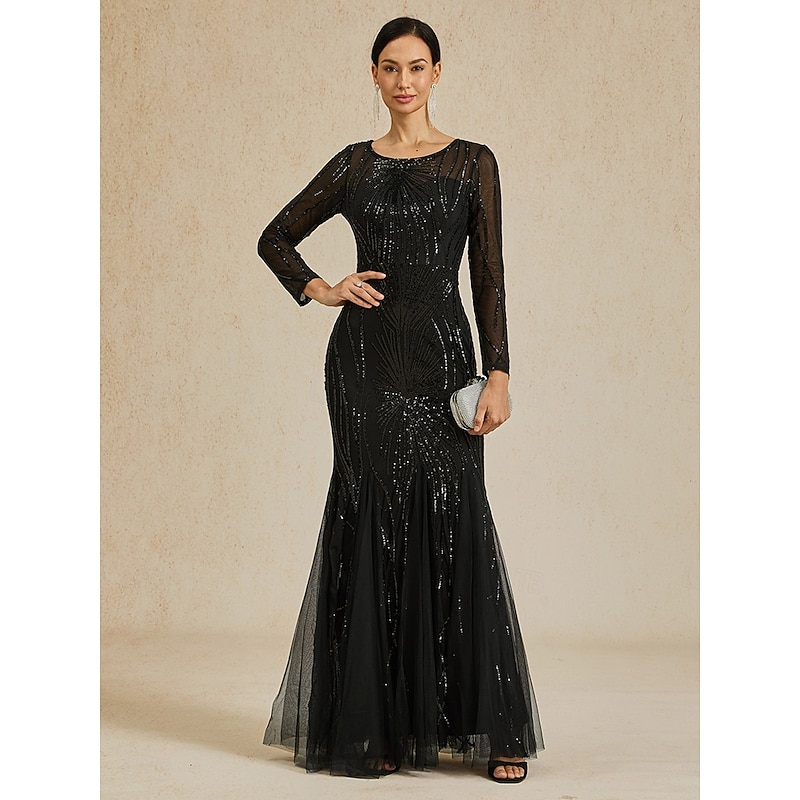 Women's Maxi Dress Sheath Dress Elegant Evening Party Regular Fit Solid Color Long Sleeve Crew Neck Black Fall Winter