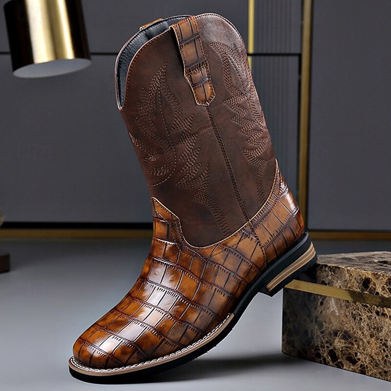 Men's Brown Faux Leather Crocodile Print Western Boots – Exotic Cowboy Style Footwear for Casual and Country Events3