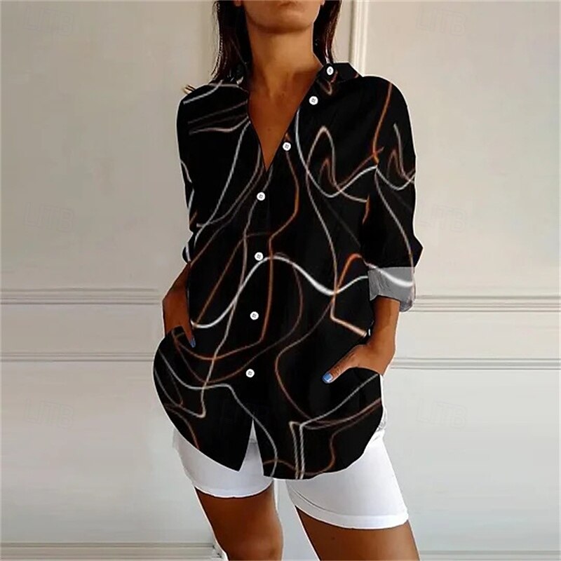 Women's Shirt Print Vintage Stylish Long Sleeve V Neck Regular Tops Daily Holiday Going out Buttons Print Black Blue Khaki Gray Summer2