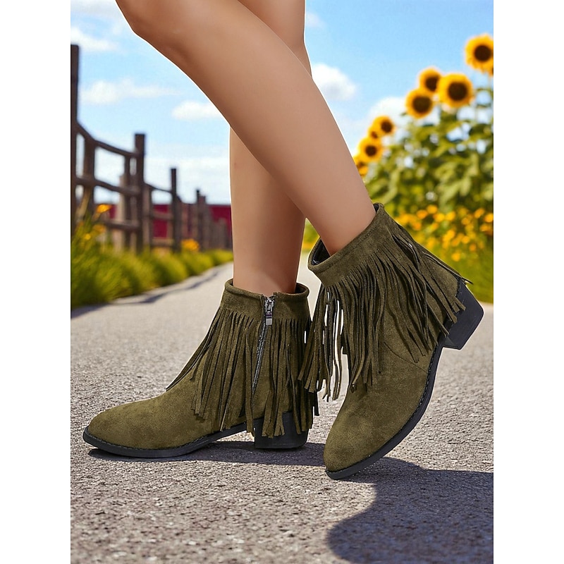 Women's Faux Suede Fringe Ankle Boots – Western Style Low Heel Short Boots for Autumn Outfits, Casual Streetwear and Outdoor Events