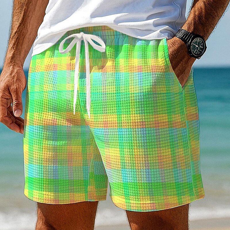 Men's Color Block Gradient Grid / Plaid Waffle Shorts Sweat Shorts Casual Shorts Mid Waist Fashion Casual Vacation Jogging Workout Elastic Drawstring Waist Shorts with Pockets Designer Clothing3