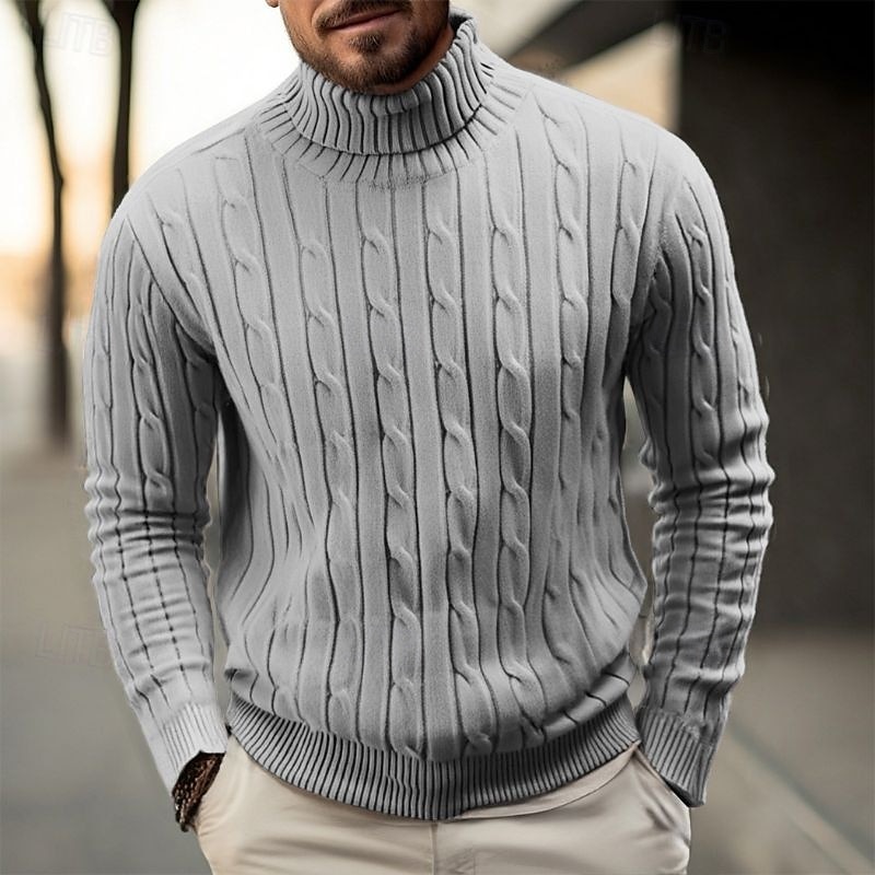 Men's Pullover Sweater Jumper Knit Sweater Ribbed Cable Knit Regular Tops Knitted Plain Turtleneck Fashion Casual Vacation Daily Wear Clothing Apparel Fall & Winter Camel Wine M L XL2
