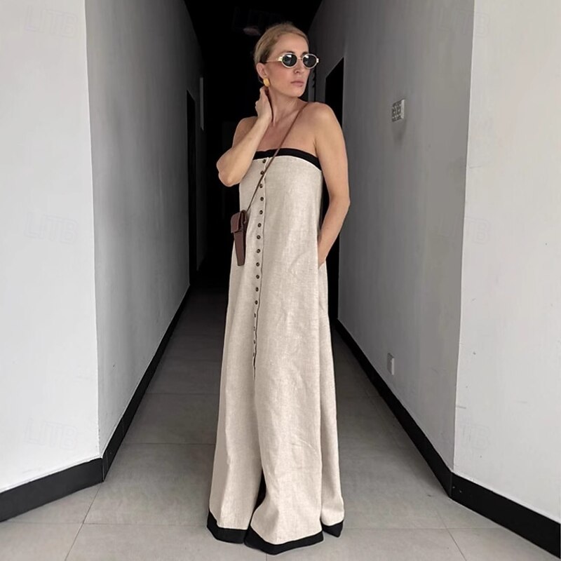Women's Linen Cotton Maxi Dress Sundress A Line Dress Off The Shoulder Dress Vacation Birthday Casual Party Beach Standard Fit Solid Color Graphic Sleeveless Strapless khaki Summer Spring Fall3
