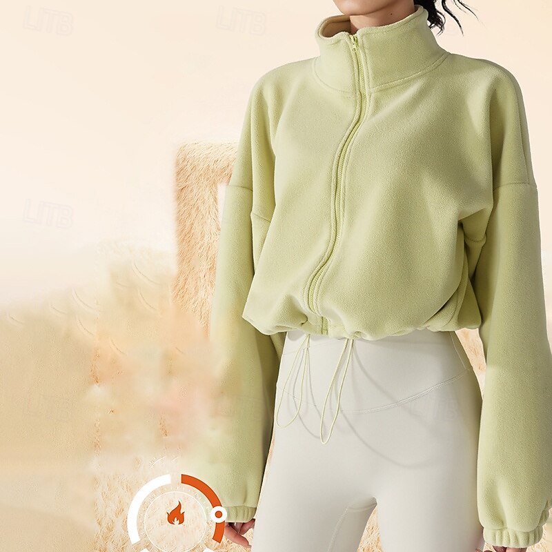 Women's Fuzzy Fleece Jacket Stand Collar Windproof Lightweight Warm Full Zip Long Sleeve Sports Solid Color Top For Outdoor Running Yoga Activewear