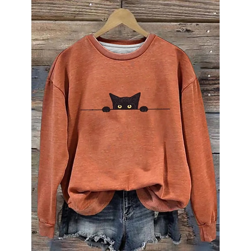 Halloween Women's Pullover Sweatshirt Black Cat Graphic Animal Cat Fashion Casual Long Sleeve Crew Neck Regular Tops Street Dailywear Casual Print White Pink Orange Beige Gray Fall Winter