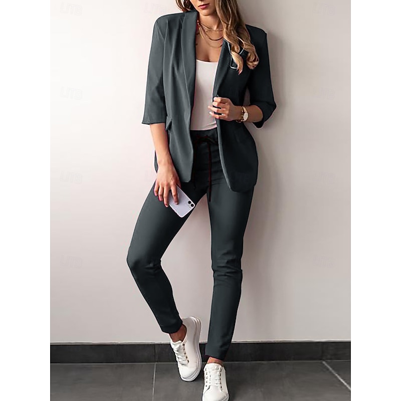 Women's Fashion Formal Blazer Suits Half Sleeve Solid Color Drawstring Work Business Dark Grey Black Dusty Rose Spring &  Fall Regular Fit3