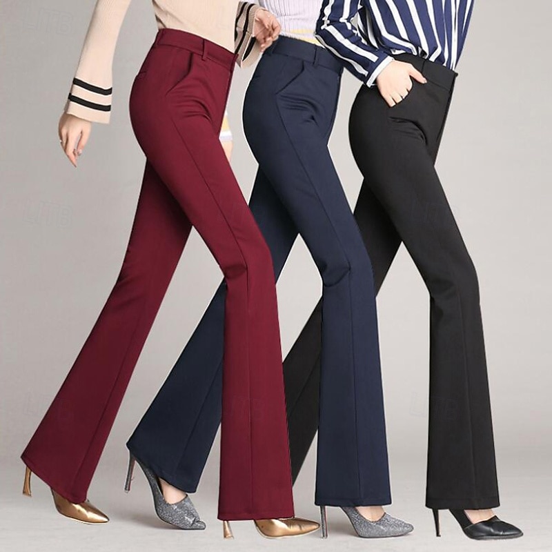 Women's Dress Pants Fashion Streetwear Full Length Natural Plain Pocket Elastic Waist Soft Formal Outdoor Work claret Black Dark Navy Fall Regular Fit