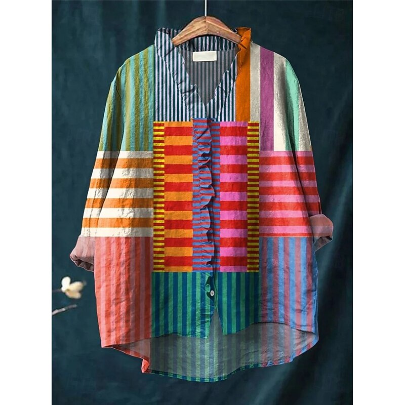Women's Boho Shirt Graphic Geometric Elegant Bohemia Active V Neck Regular Tops Daily Holiday Beach Wear Ruffle Denim Blue Yellow Red Blue Purple Fall