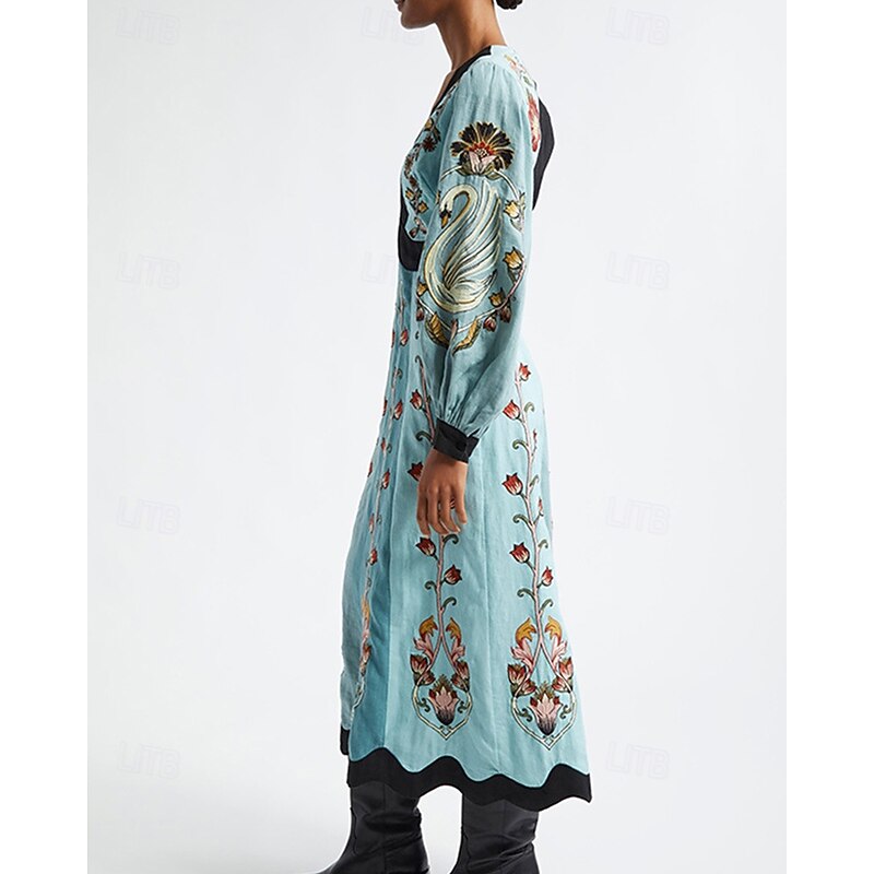 Women's Midi Dress Floral Dress Print Dress Classic Modern Outdoor Vacation Holiday Regular Fit Flower Long Sleeve V Neck Blue Fall