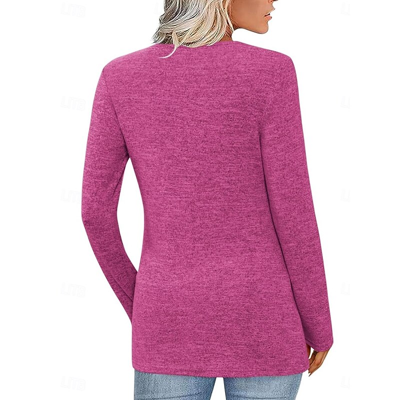 Women's Blouse Solid Color Stylish Casual Long Sleeve V Neck Regular Tops Daily Buttons Black Pink Wine Purple Summer Spring4