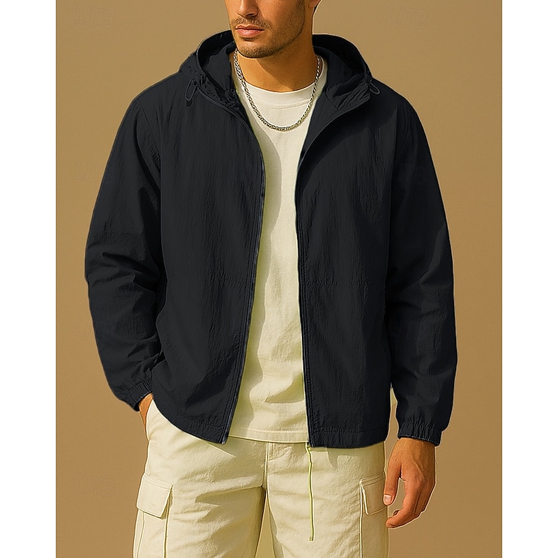 Men's Windbreaker Softshell Jacket Hiking Jacket Outdoor Sun Protection Quick Dry Lightweight Breathable Hiking Outfits Hiking Clothes Summer Spring Jacket Tennis Golf Running Solid Color Black White4