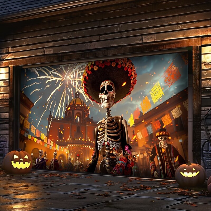 Halloween Garage Door Cover Banner Backdrop – Day of the Dead Skeleton with Marigolds, Outdoor Decoration for 2025 Halloween Home Front Yard2