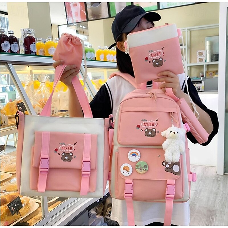 Girls 5-in-1 Cute Bear Backpack Set – Pink School Bag with Tote, Crossbody Pouch, Drawstring Bag and Pencil Case for Elementary and Middle School Students3