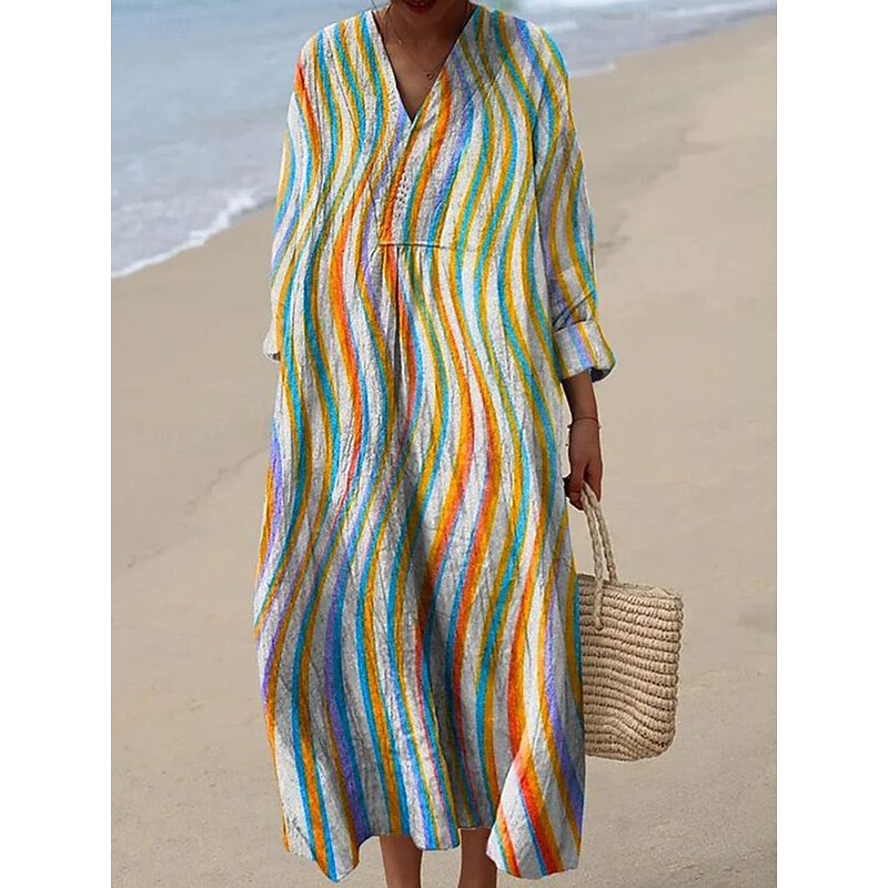 Women's Midi Dress V Neck Long Sleeve Kaftan Lightweight Loose Fit Shift Dress Casual Going out Loose Fit Graphic Geometric Long Sleeve V Neck Yellow Light Green Red Green Fall2