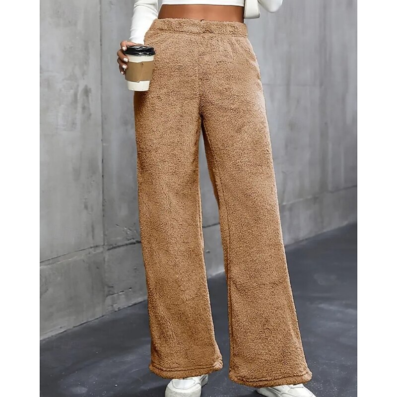 Women's Fleece Pants Wide Leg Slacks Streetwear Casual Full Length Natural Plain Elastic Waist Comfortable Holiday Going out Weekend Grey Black White Khaki Fall Regular Fit