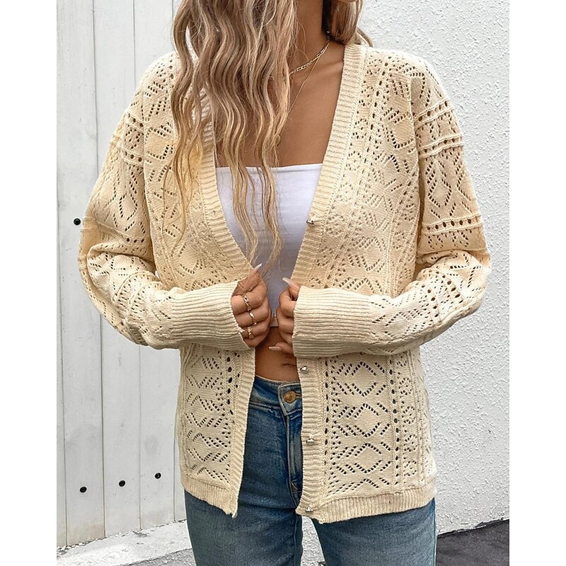 Women's Sweater Cardigan Fashion Streetwear Daily Solid Color Ribbed V Neck Knitted Hole Long Sleeve Regular Tops Knit Holiday Going out Weekend Apricot Spring Fall3