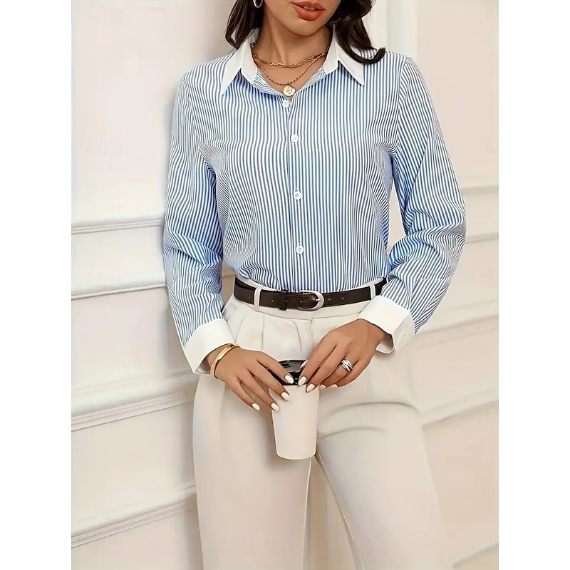 Women's Shirt Striped Stylish Modern Long Sleeve Shirt Collar Regular Tops Daily Holiday Buttons Print Light Blue Summer2