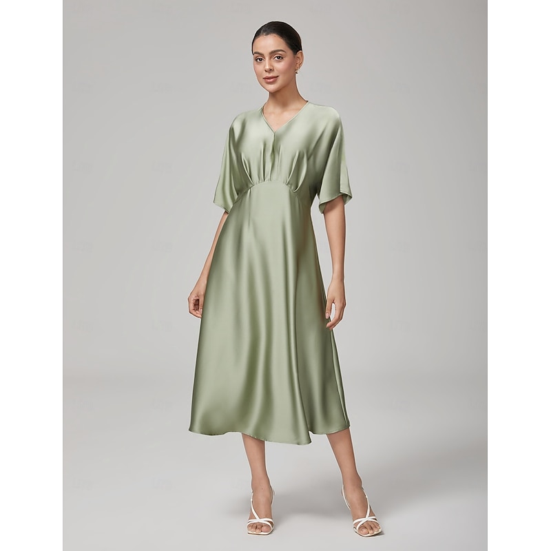 Women's Midi Dress Reverse Pleat V Neck Dolman Sleeve Elegant Casual Daily Spring Summer Fall