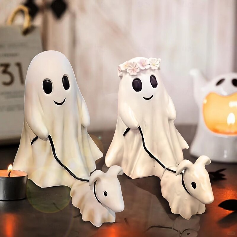Halloween Cute Ghost Decoration Walking Dog Statue - Spooky Figurine for Home Tabletop Decorations