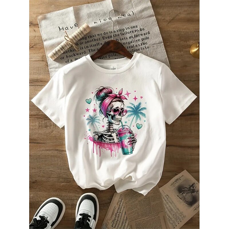 Halloween Women's T Shirt Skulls Cotton Shirt Graphic Vintage Stylish Classic Short Sleeve Round Neck Regular Tops Daily Print White Pink Dusty Rose Summer Spring3
